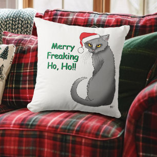 Coussin Noël Drôle Chat Gris Grincheux Humour Fêtes