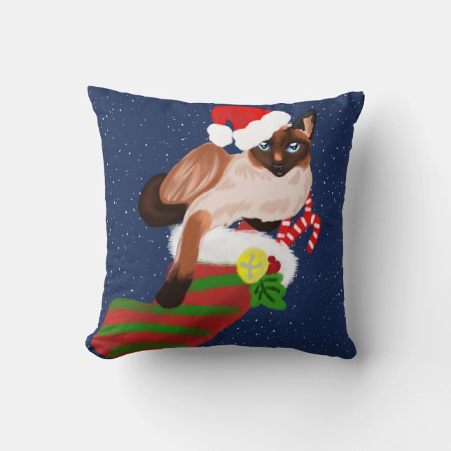 Coussin Noël du chat siamois avec bas et chapeau de Père N (Recto)