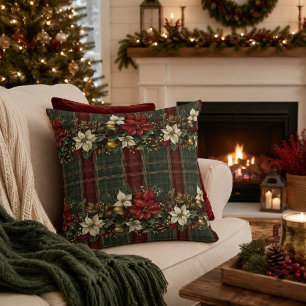 Coussin Noël élégant Bourguignon à carreaux & Poinsettia