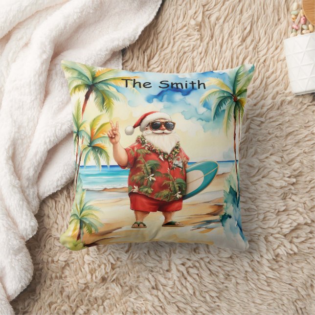 Coussin Noël en juillet avec Père Noël à Beach (Couverture)