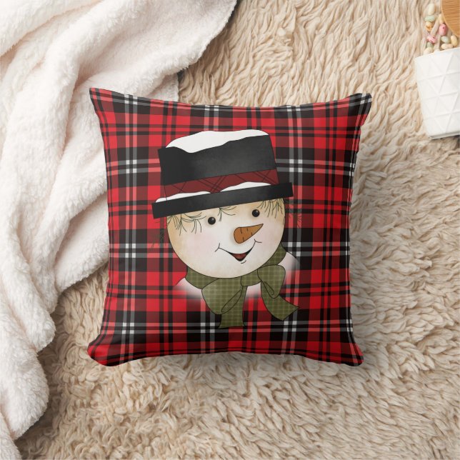 Coussin Noël Fêtes Rouge et Noir Tartan Snowman (Couverture)