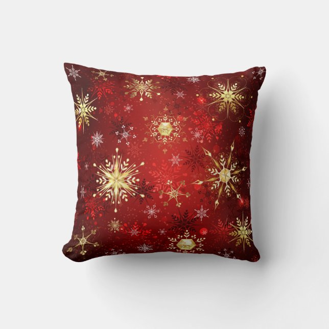 Coussin Noël Golden Snowflakes sur Arrière - plan rouge (Recto)