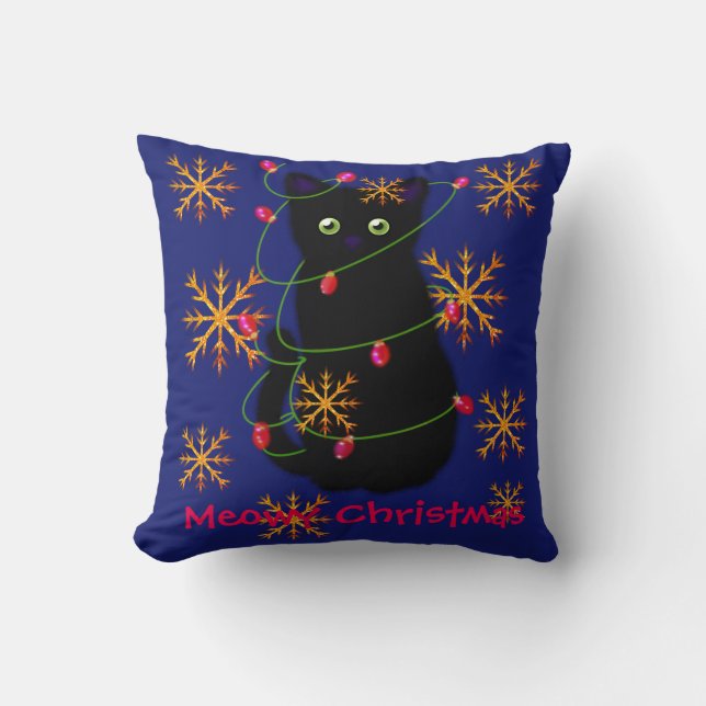 Coussin Noël Meowy | Cadeau amoureux des chats | chat noir (Recto)