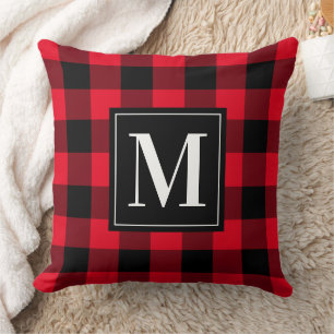 Coussin Noël Monogramme Plaid Rouge Noir Bold Buffalo