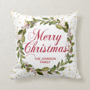 Coussin Noël personnalisé de guirlande de houx d'aquarel