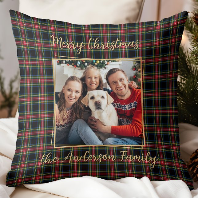 Coussin Noël Plaid Custom Gold Modern Photo Famille (Créateur téléchargé)