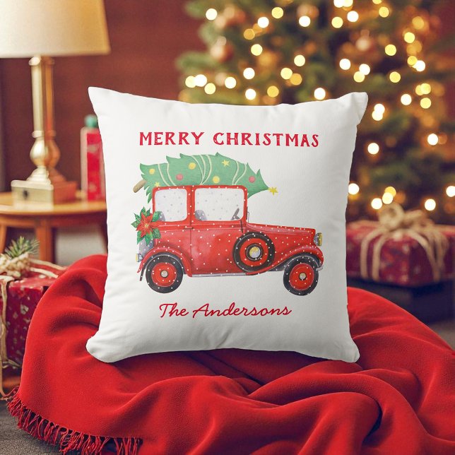Coussin Noël Red Truck White Holiday (Créateur téléchargé)