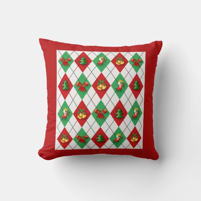 Coussin Noël réversible Motif rétro rouge et vert (Recto)