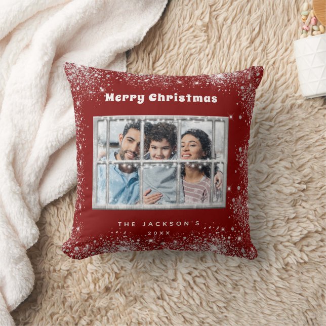 Coussin Noël rouge argent neige photo hiver (Couverture)