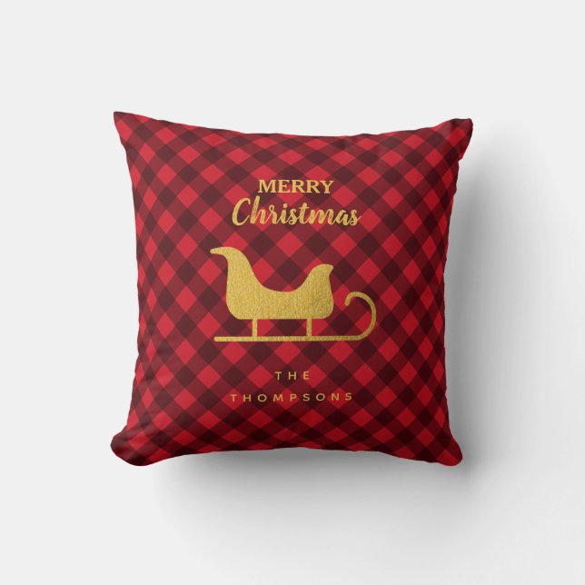 Coussin Noël Rouge et noir Buffalo Plaid Père Noël Sleigh (Recto)