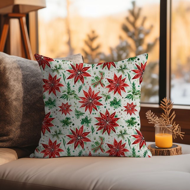 Coussin Noël Rouge et vert Poinsettia Floral (Christmas Red and Green Poinsettia Floral Throw Pillow)
