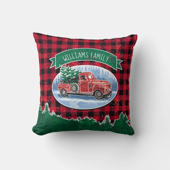 Coussin Noël Rouge Vintage Camion Buffalo Plaid Ajouter No (Recto)