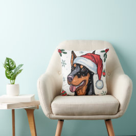 Coussin Noël Vacances Père Noël Chien Doberman Jeteur d'or