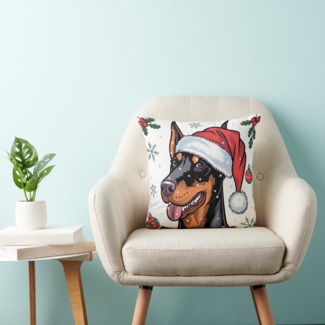 Coussin Noël Vacances Père Noël Chien Doberman Jeteur d'or (Chaise)