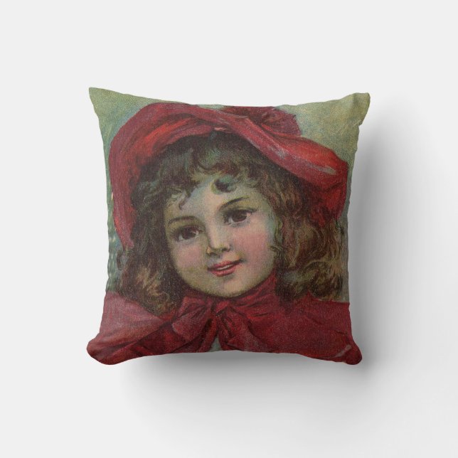 Coussin Noël Victorien Enfant Rouge Casquette Portrait Fil (Recto)