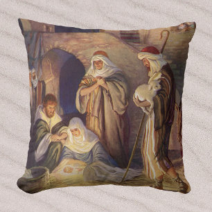 Coussin Noël vintage de la Nativité, 3 bergers et Jésus