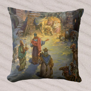 Coussin Noël vintage de la Nativité avec la visite des Mag