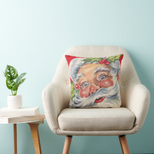 Coussin Noël vintage, joyeux Père Noël avec son chapeau