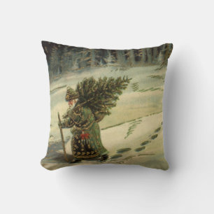 Coussin Noël vintage, le Père Noël porte un arbre