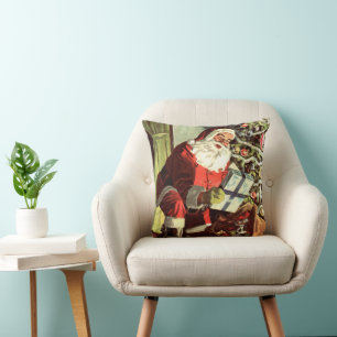 Coussin Noël vintage, Père Noël rétro avec cadeaux
