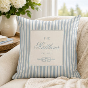Coussin Nœud d'amour à rayures bleues côtières Nom de fami