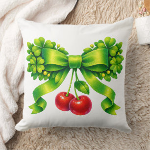 Coussin Nœud de trèfle chanceux avec cerises motif vert