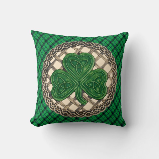 Coussin Noeuds Celtiques Shamrock Beige Sur Plaid Vert (Recto)