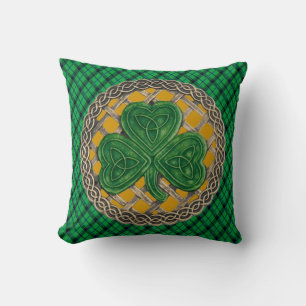 Coussin Noeuds Celtiques Shamrock Or Sur Plaid Vert