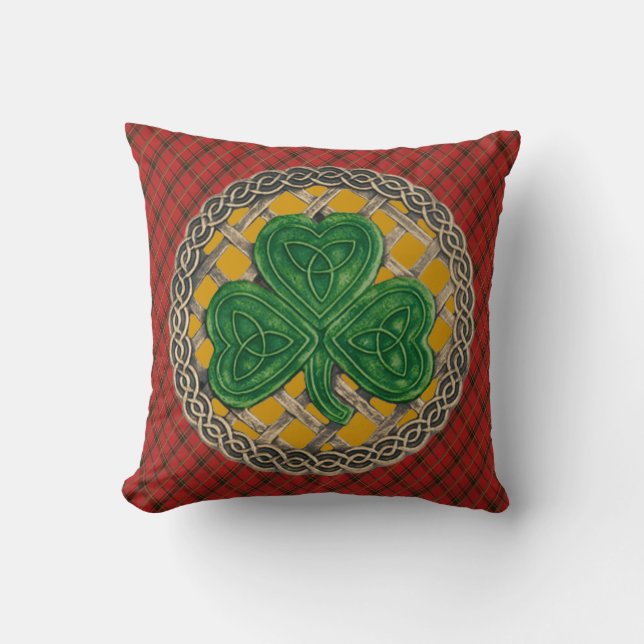 Coussin Noeuds Celtiques Shamrock Or Sur Plaqué Rouge (Recto)