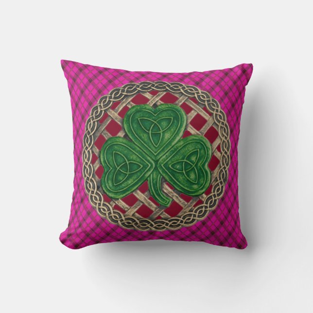 Coussin Noeuds Celtiques Shamrocks Rouges Sur Plaid Rose (Recto)