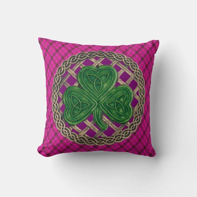 Coussin Noeuds Celtiques Shamrocks Violets Sur Plaid Rose (Recto)