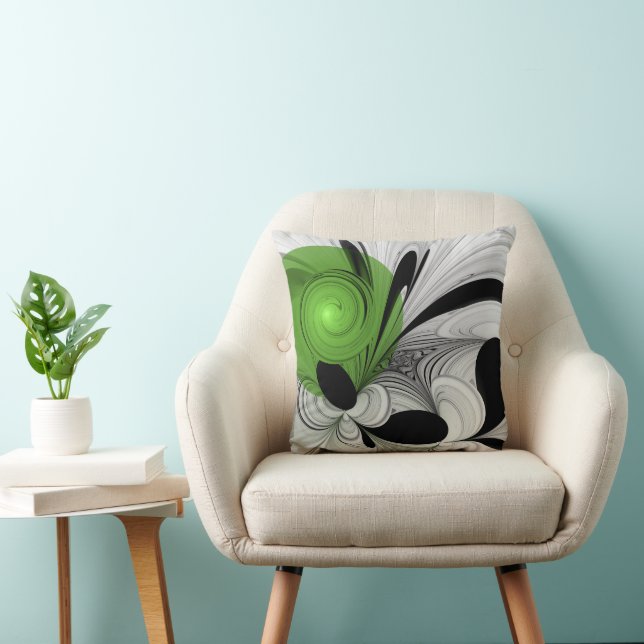 Coussin Noir Abstrait et blanc avec art fractal vert (Chaise)