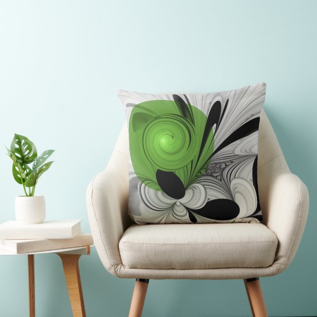 Coussin Noir Abstrait et blanc avec art fractal vert (Chaise)