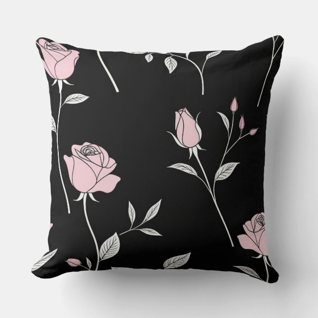 Coussin Noir avec roses roses et roses (Recto)