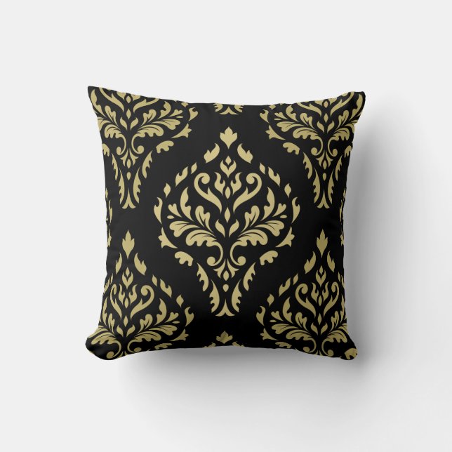 Coussin Noir baroque feuillu et or de motif de damassé (Recto)