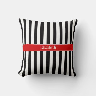 Coussin Noir blanc bande rouge Nom du ruban Monogramme