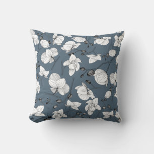 Coussin Noir & blanc élégant orchidée floral moderne