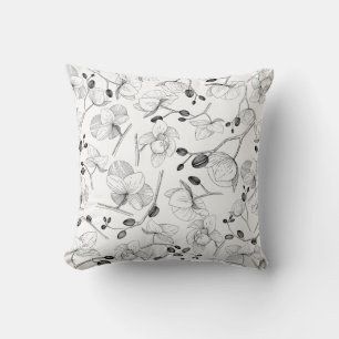 Coussin Noir & blanc élégant orchidée floral moderne