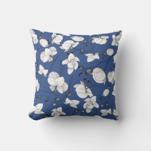 Coussin Noir & blanc élégant orchidée floral moderne bleu