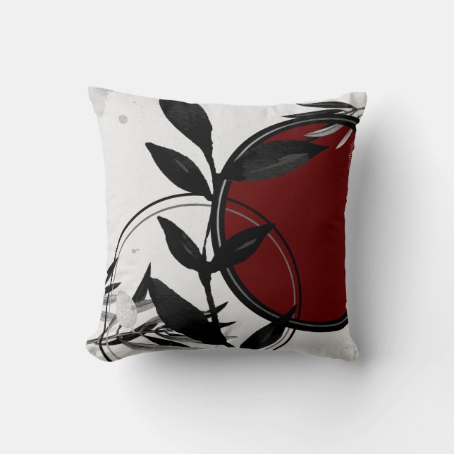 Coussin Noir Blanc et Bourgogne Rouge Feuilles d'aquarelle (Recto)