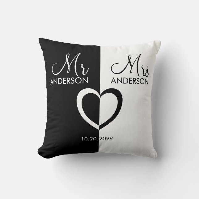 Coussin Noir blanc M. Mme nom mariage du coeur (Recto)