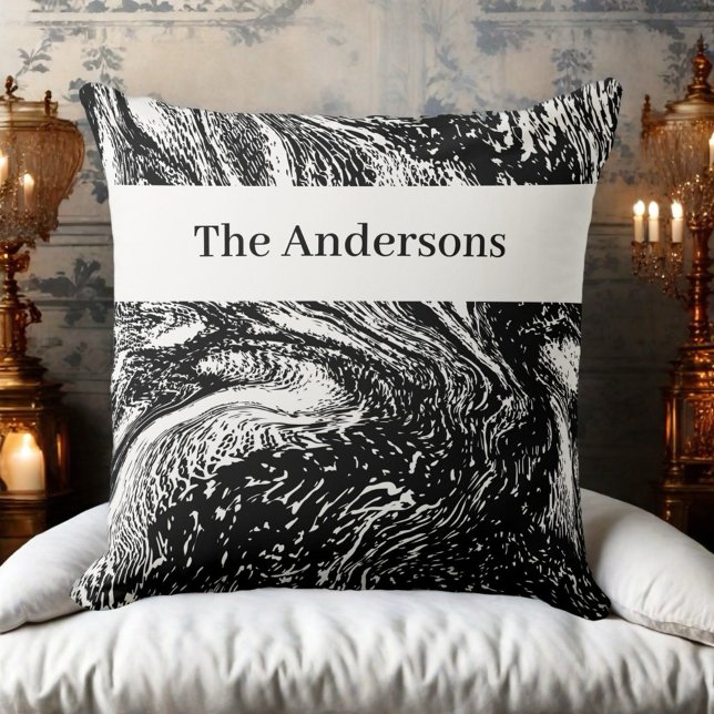 Coussin Noir blanc nom monogramme marbre abstraite ligne a (Créateur téléchargé)