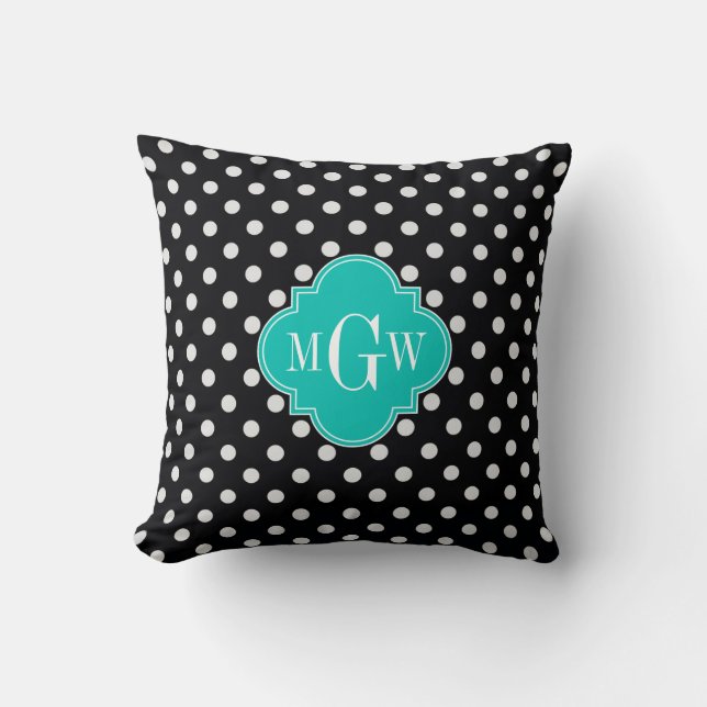 Coussin Noir Blanc Pois Turquoise Quatrefoil 3 Monogramme (Recto)