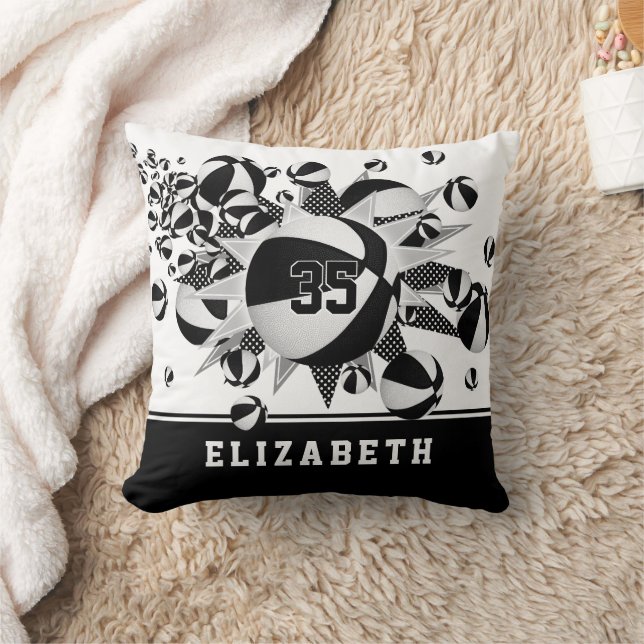 Coussin noir blanc salle de sport filles basket étoiles (Couverture)