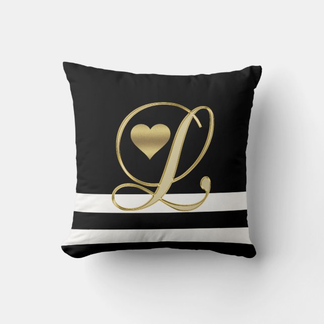 Coussin Noir/blanc uniques d'initiales d'or de monogramme (Recto)