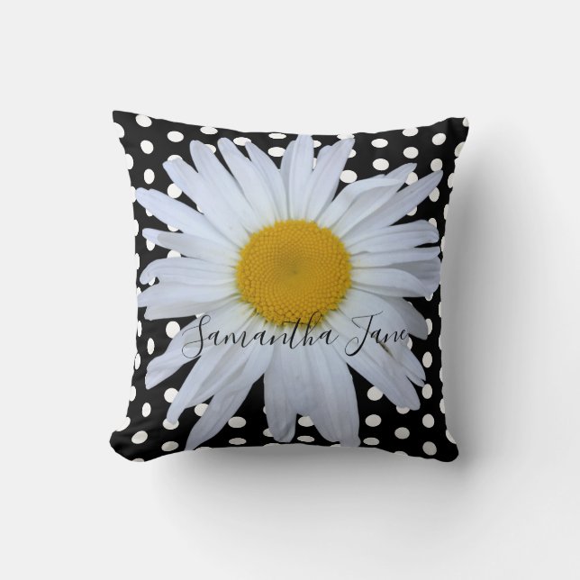 Coussin Noir Chic Blanc Pois Daisy Personnalisé (Recto)