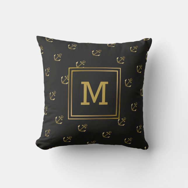 Coussin Noir de motif d'Ancres et monogramme nautiques (Recto)
