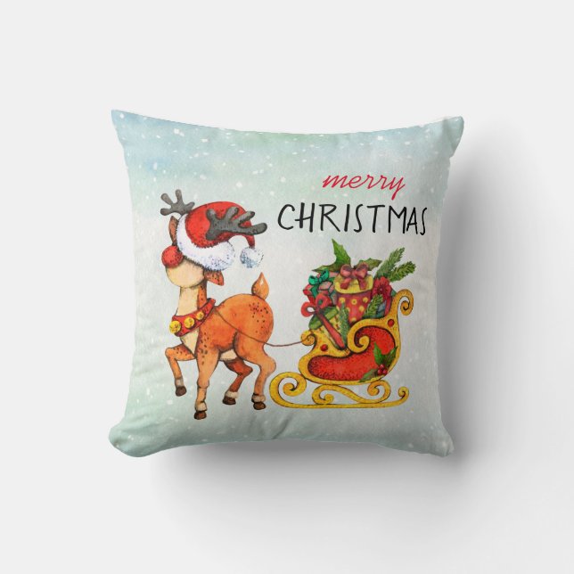 Coussin Noir de renne rouge mignon tirant traîneau Noël (Recto)