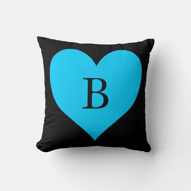 Coussin Noir et Aqua Blue Heart Monogramme (Recto)