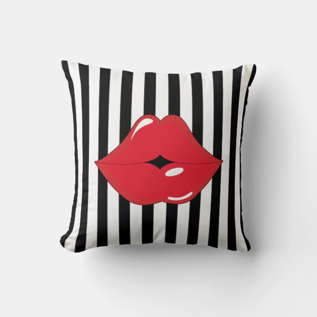 Coussin Noir et blanc barre le carreau rouge de lèvres (Recto)